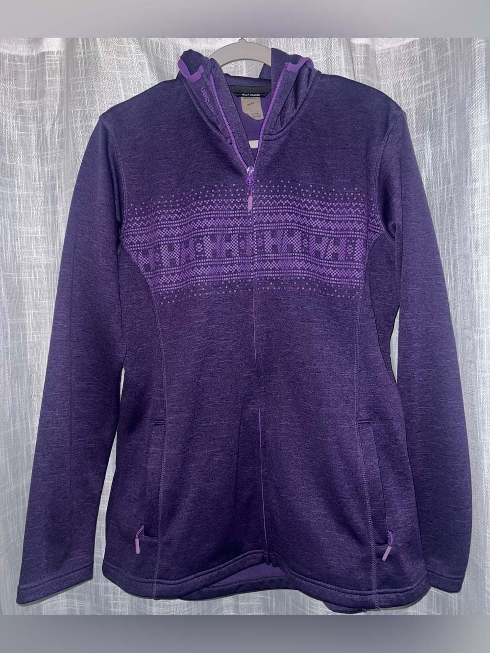 Helly Hansen Jacket Womens XL  Purple Full Zip Hooded Funnel Neck Nordic Print